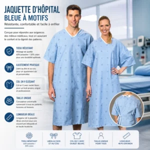 Jaquette d’hôpital bleue à motifs– Résistante, confortable et facile à enfiler