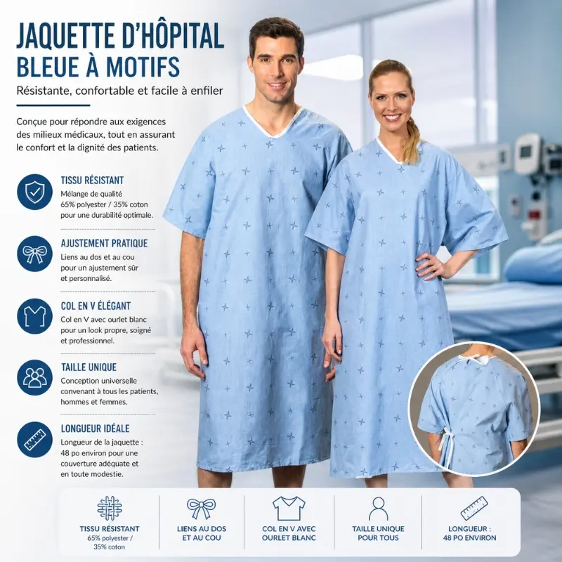 Jaquette d’hôpital bleue à motifs– Résistante, confortable et facile à enfiler