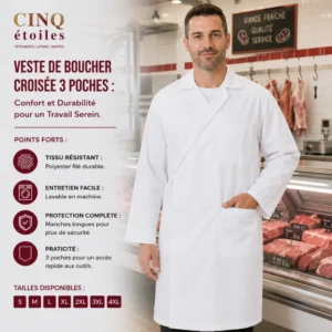 Veste de Boucher Croisée 3 poches: Confort et Durabilité pour un Travail Serein