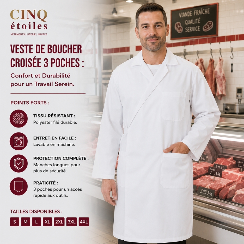 Veste de Boucher Croisée 3 poches: Confort et Durabilité pour un Travail Serein