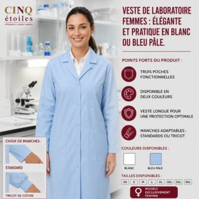 Veste de Laboratoire Femmes : Élégante et Pratique en Blanc ou Bleu Pâle