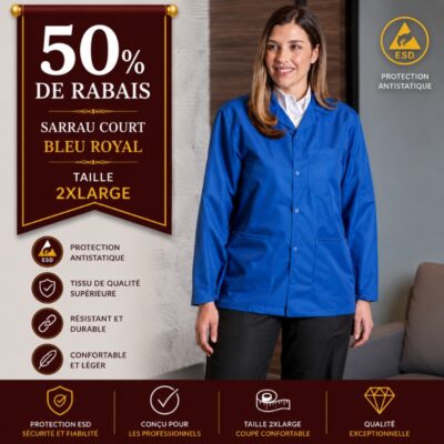 Sarrau ESD court couleur bleu royal taille 2XL -50% de rabais