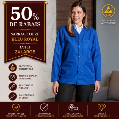Sarrau ESD court couleur bleu royal taille 2XL -50% de rabais