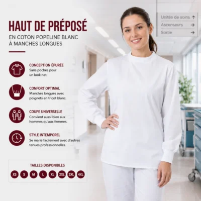 Haut de Préposé en Coton Popeline Blanc à Manches Longues