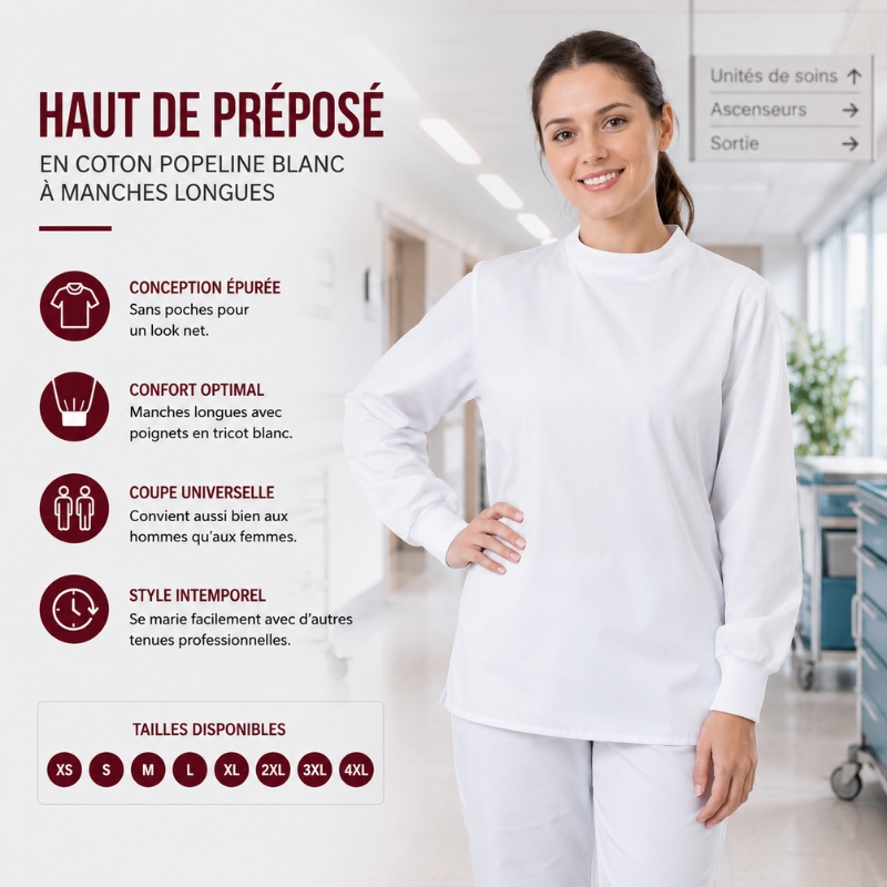 Haut de Préposé en Coton Popeline Blanc à Manches Longues