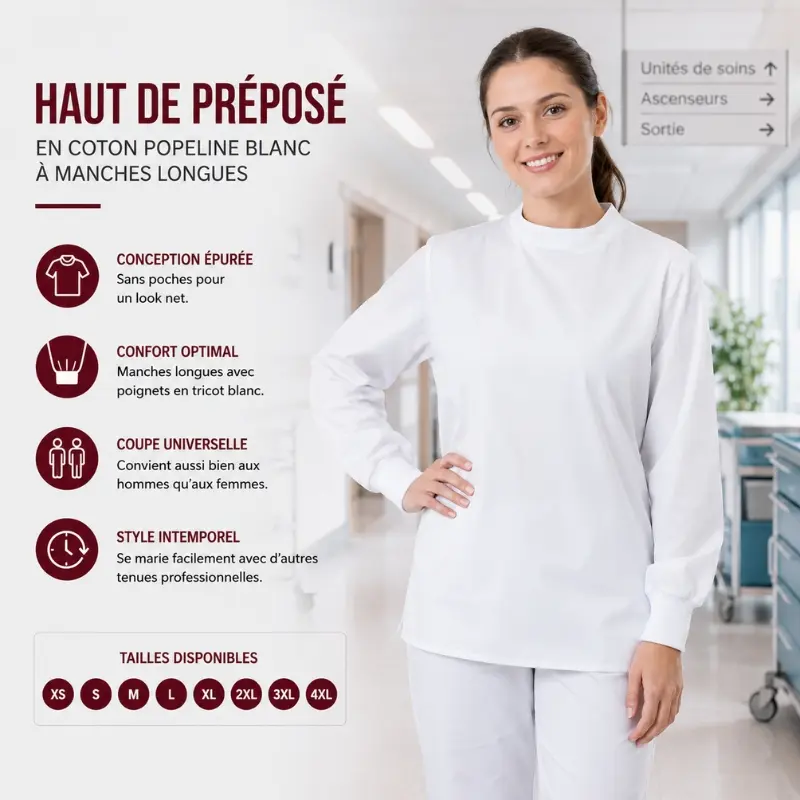 Haut de Préposé en Coton Popeline Blanc à Manches Longues