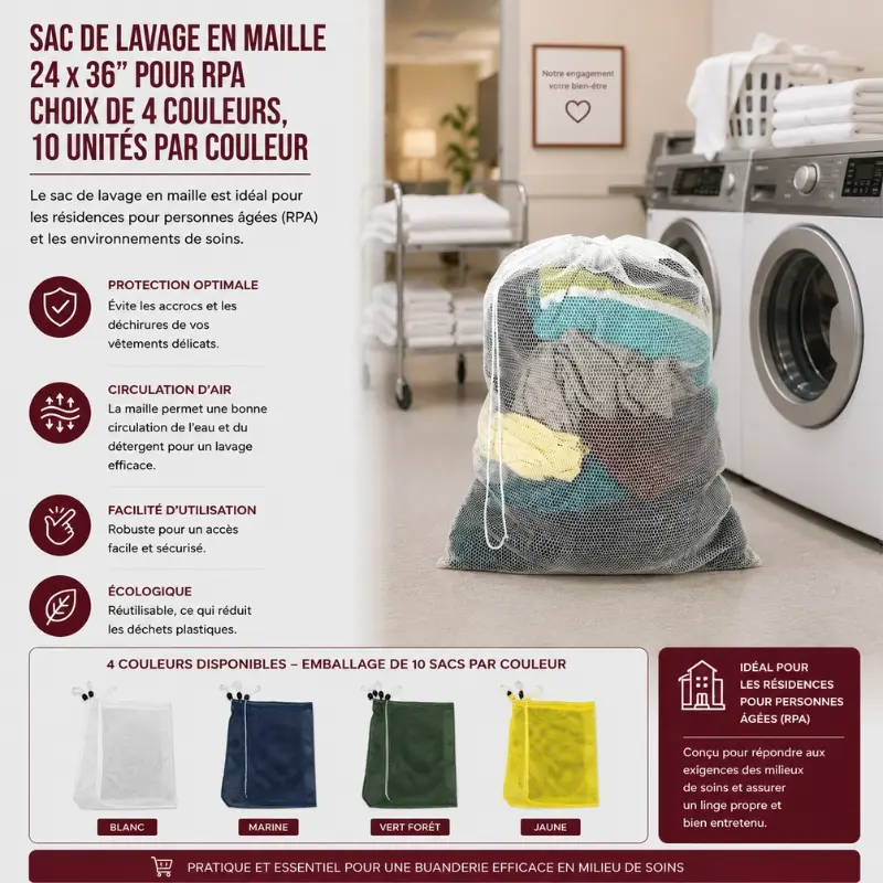 Sac de lavage en maille 24 x 36'' pour RPA choix de 4 couleurs 10 unités