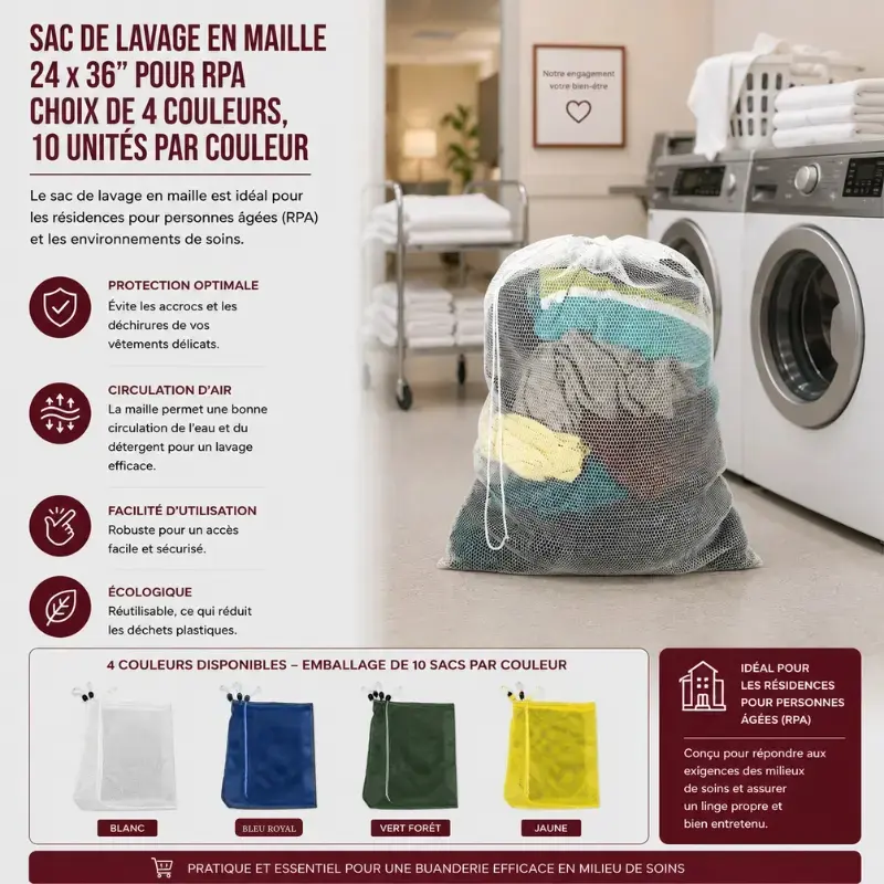Sac de lavage en maille 24 x 36'' pour RPA choix de 4 couleurs 10 unités