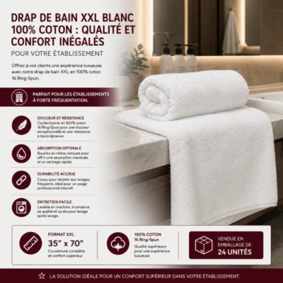 Drap de Bain XXL Blanc 100% Coton : Qualité et Confort Inégalés pour Votre Établissement