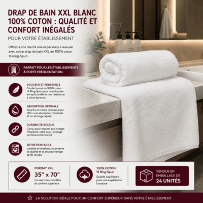 Drap de Bain XXL Blanc 100% Coton : Qualité et Confort Inégalés pour Votre Établissement