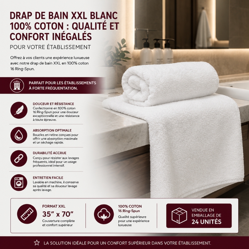 Drap de Bain XXL Blanc 100% Coton : Qualité et Confort Inégalés pour Votre Établissement