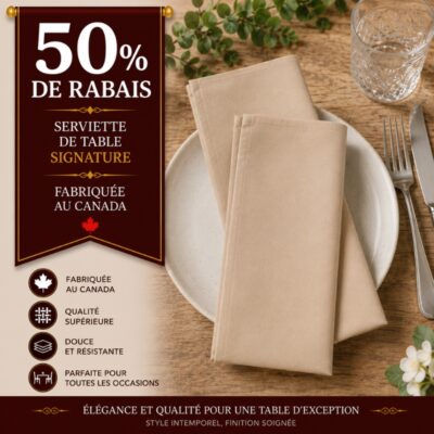Lot de 10 serviettes Beiges fabriquées au Canada -50% de rabais