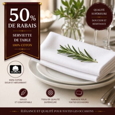 Lot de 11 serviettes de table blanches 100% coton -50% de rabais