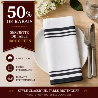Lot de 11 serviettes bistros lignes Noires -50% de rabais