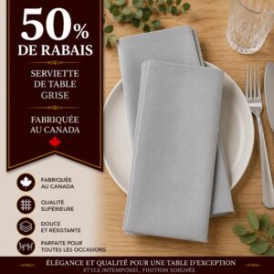 Lot de 10 serviettes de table Grises fabriquées au Canada -50% de rabais