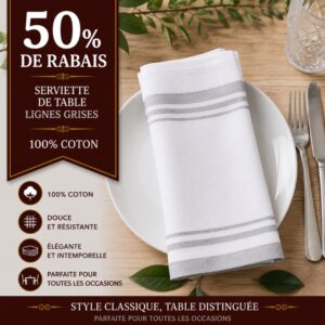 Lot de 11 serviettes de table bistros lignes grises -50% de rabais