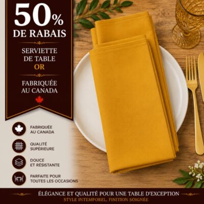 Lot de 11 serviettes de table couleur or fabriquées au Canada -50% de rabais