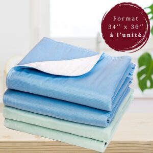 Piqué de lit lavable 34'' x 36'' vendu à l'unité, couleur bleu ou vert, selon inventaire. La couleur ne change pas la performance du produit.