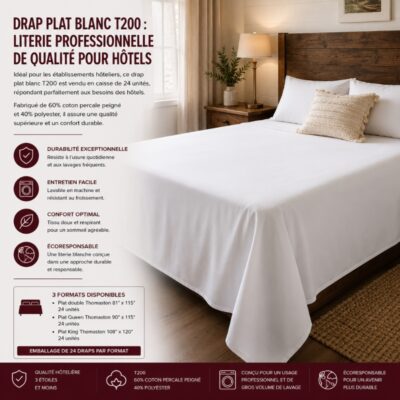 Drap Plat Blanc T200 : Literie Professionnelle de Qualité pour Hôtels