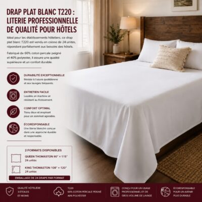 Drap Plat Blanc T220 : Literie Professionnelle de Qualité pour Hôtels
