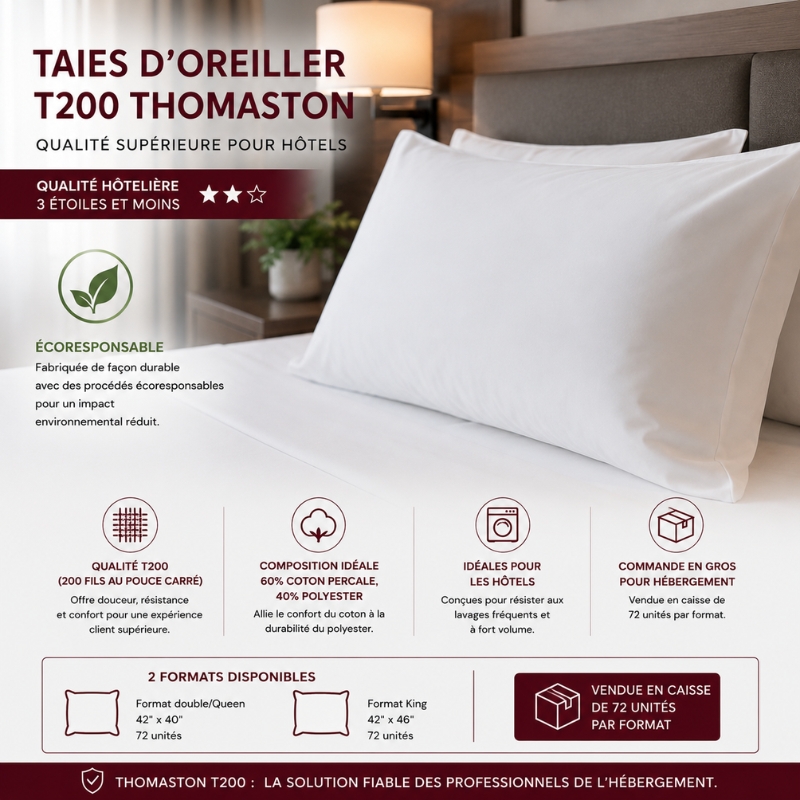 Taies d'Oreiller T200 Thomaston : Qualité Supérieure pour Hôtels