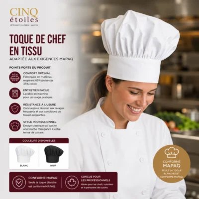 Toque de Chef en Tissu : Adaptée aux exigences MAPAQ