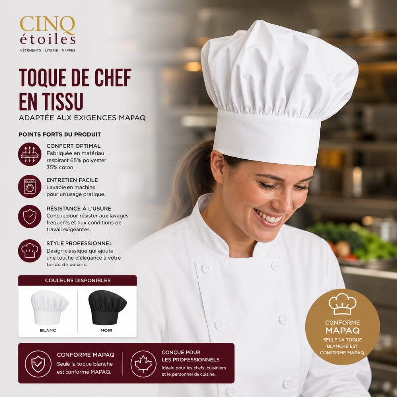 Toque de Chef en Tissu : Adaptée aux exigences MAPAQ