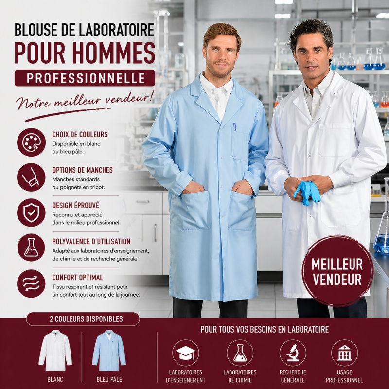 Blouse de Laboratoire pour Hommes Professionnelle: Blanc ou Bleu Pâle