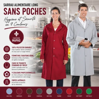 Sarrau Alimentaire Long Sans Poches – Hygiène et Sécurité en 9 Couleurs.