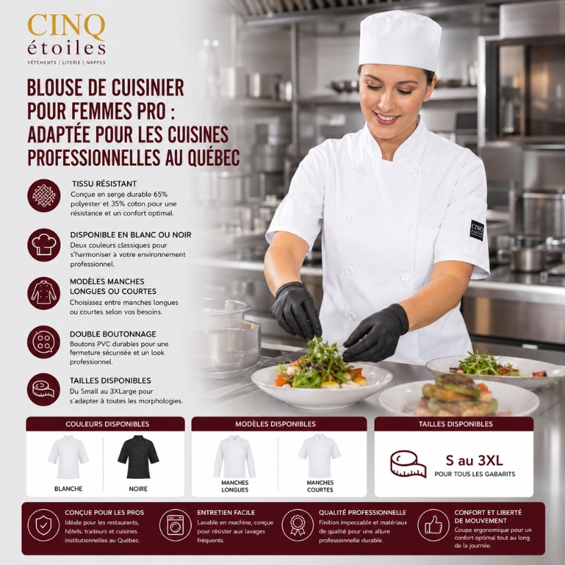 Blouse de Cuisinier Pour Femmes Pro : Adaptée pour les cuisines professionnelles au Québec