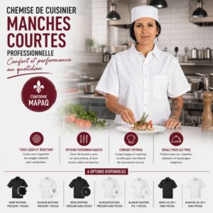 Chemise de cuisinier manches courtes professionnelle conforme MAPAQ