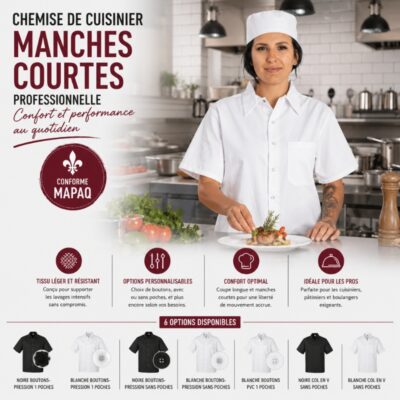 Chemise de cuisinier manches courtes professionnelle conforme MAPAQ