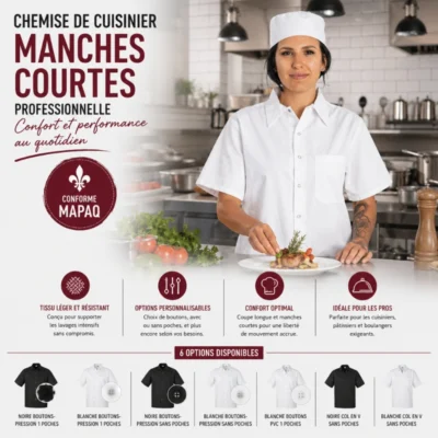 Chemise de cuisinier manches courtes professionnelle conforme MAPAQ