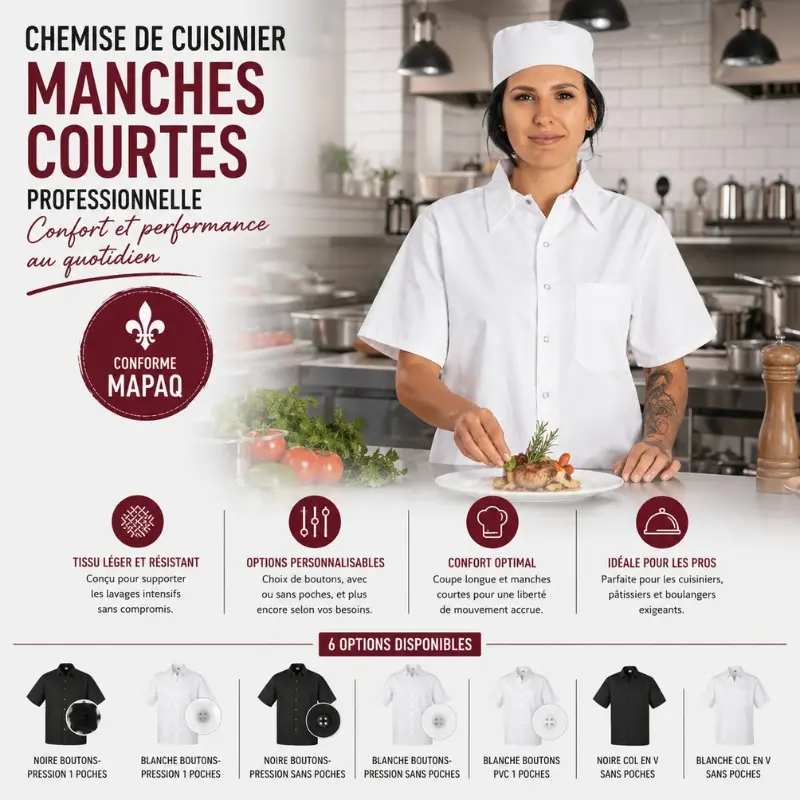 Chemise de cuisinier manches courtes professionnelle conforme MAPAQ