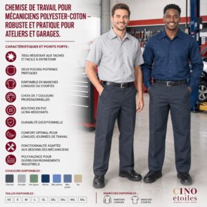 Chemise de travail pour mécaniciens polyester-coton – Robuste et pratique pour ateliers et garages