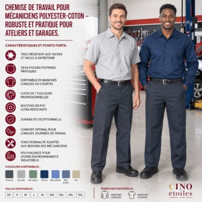 Chemise de travail pour mécaniciens polyester-coton – Robuste et pratique pour ateliers et garages