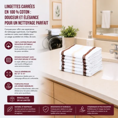 Lingettes Carrées en 100 % Coton : Douceur et Élégance pour un Nettoyage Parfait !