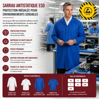 Sarrau Antistatique ESD : Atelier électronique et laboratoire au Québec