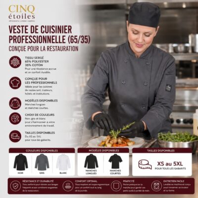 Veste de cuisinier professionnelle (65/35) – Conçue pour la restauration au Québec