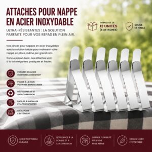 Attaches pour Nappe en acier Inoxydable Ultra-Résistantes : La Solution Parfaite pour Vos Repas en Plein Air - 12 unités