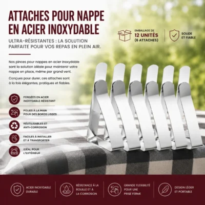 Attaches pour Nappe en acier Inoxydable Ultra-Résistantes : La Solution Parfaite pour Vos Repas en Plein Air - 12 unités