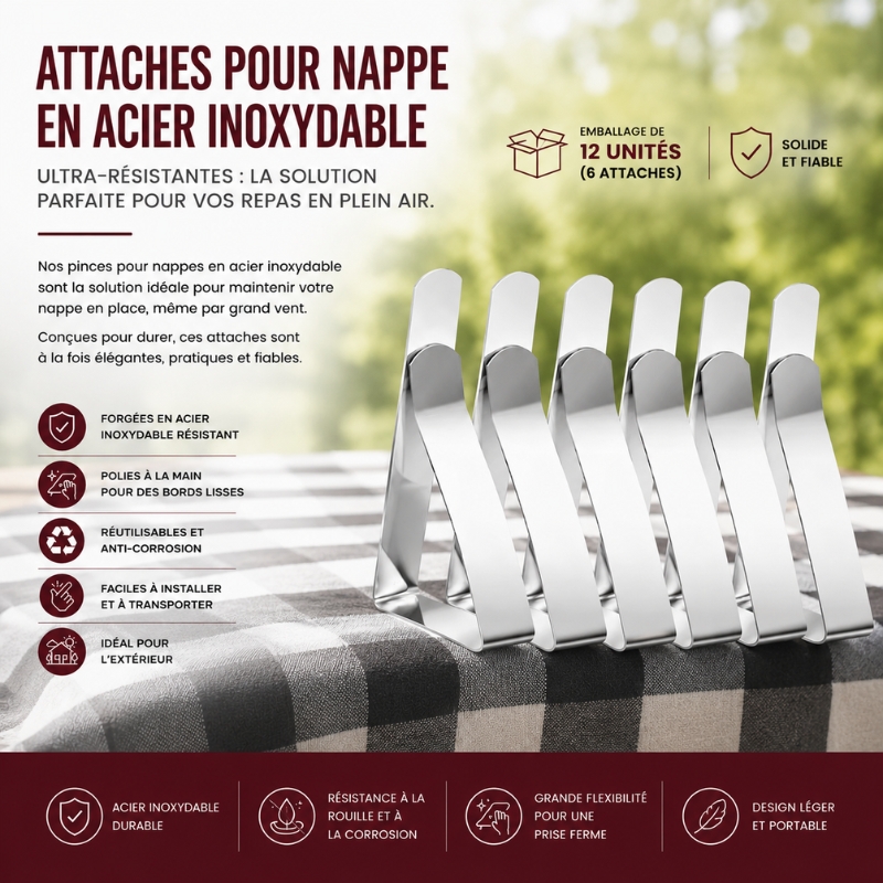 Attaches pour Nappe en acier Inoxydable Ultra-Résistantes : La Solution Parfaite pour Vos Repas en Plein Air - 12 unités
