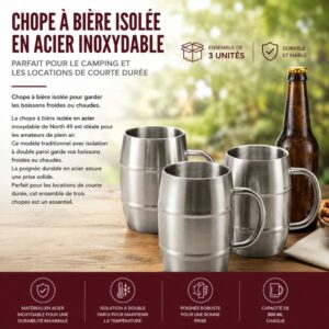 Chope à Bière Isolée en Acier Inoxydable: Parfait pour le Camping et les locations de Courte Durée - 3 unités