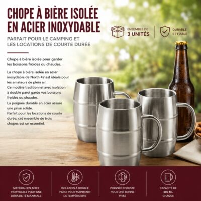 Chope à Bière Isolée en Acier Inoxydable: Parfait pour le Camping et les locations de Courte Durée - 3 unités