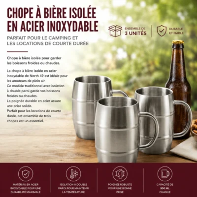 Chope à Bière Isolée en Acier Inoxydable: Parfait pour le Camping et les locations de Courte Durée - 3 unités