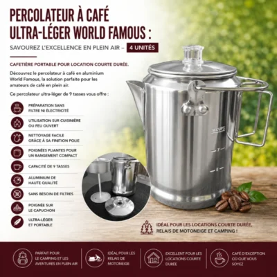 Percolateur à café ultra léger World Famous : Savourez l'excellence en plein air - 4 unités