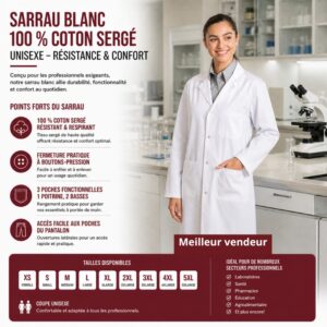 Sarrau Blanc 100 % Coton sergé Unisexe– Résistance & Confort