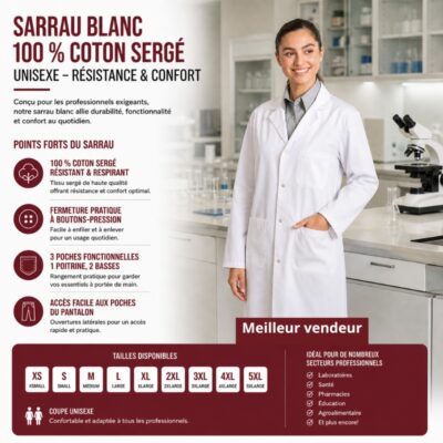 Sarrau Blanc 100 % Coton sergé Unisexe– Résistance & Confort