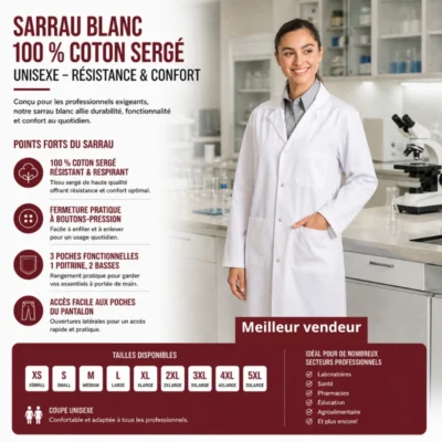 Sarrau Blanc 100 % Coton sergé Unisexe– Résistance & Confort