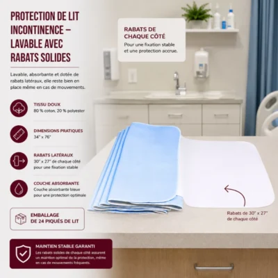 Protection de lit incontinence – Lavable avec rabats solides